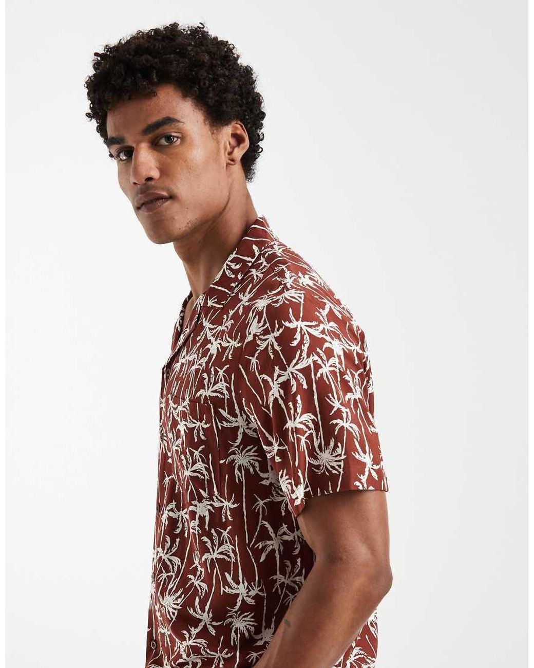 South Beach Red Palm Print Revere Shirt for men