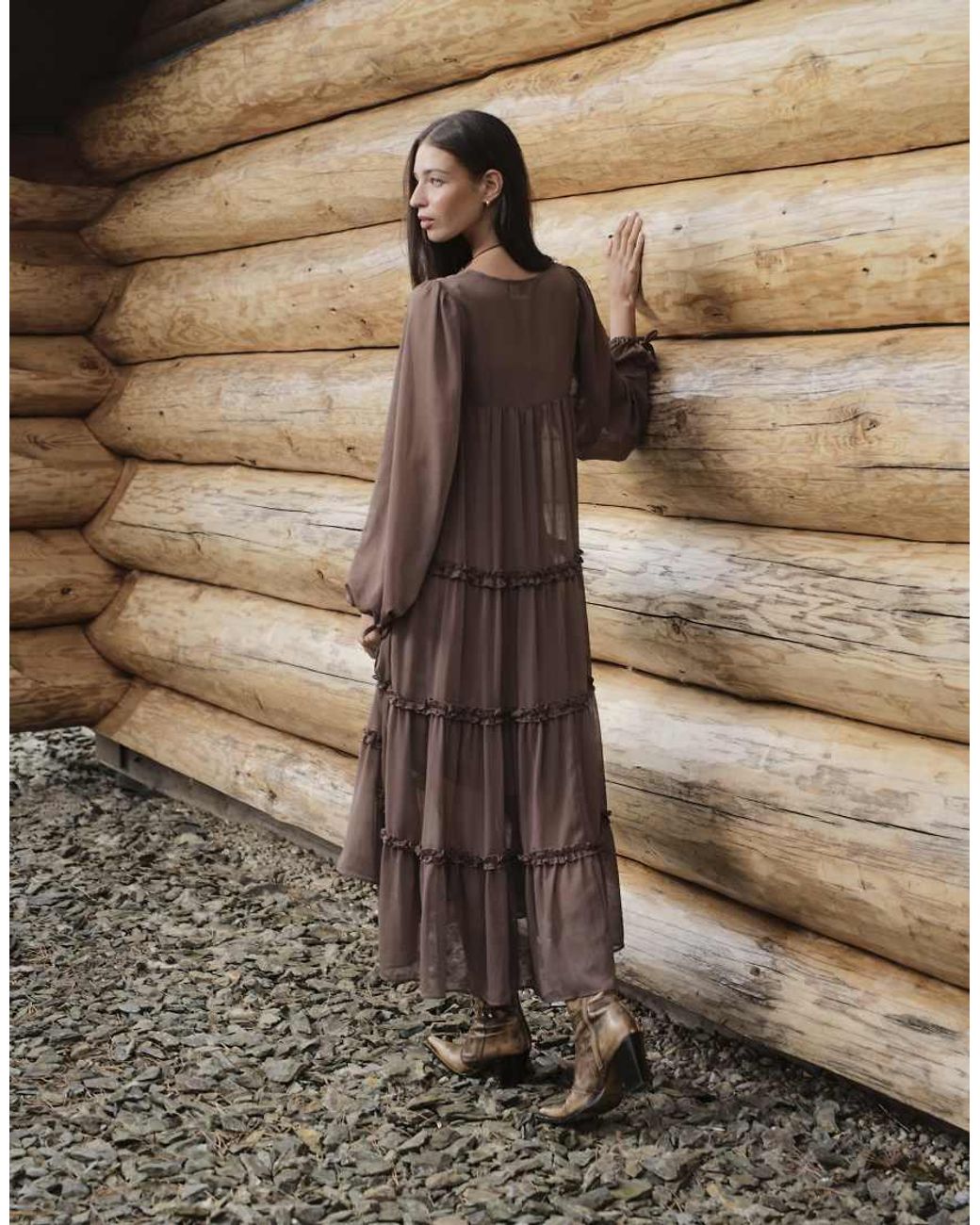 Daisy Street Natural Boho Chiffon Midi Dress With Ruffle Detailing