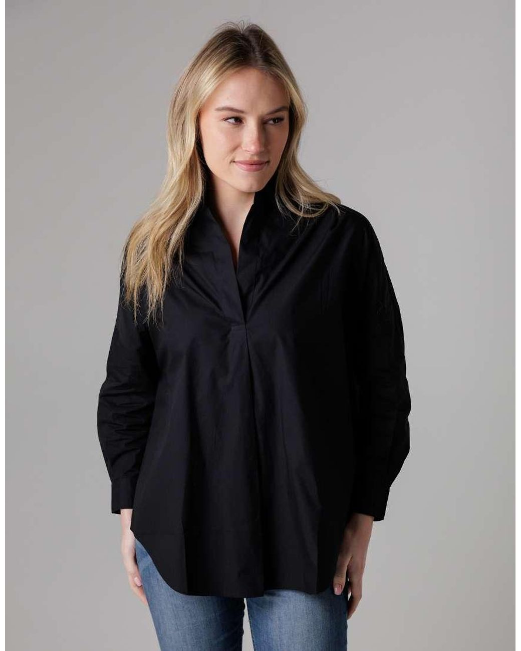 French Connection Black Cotton Long Sleeve Poplin Popover High-Low Hem Shirt