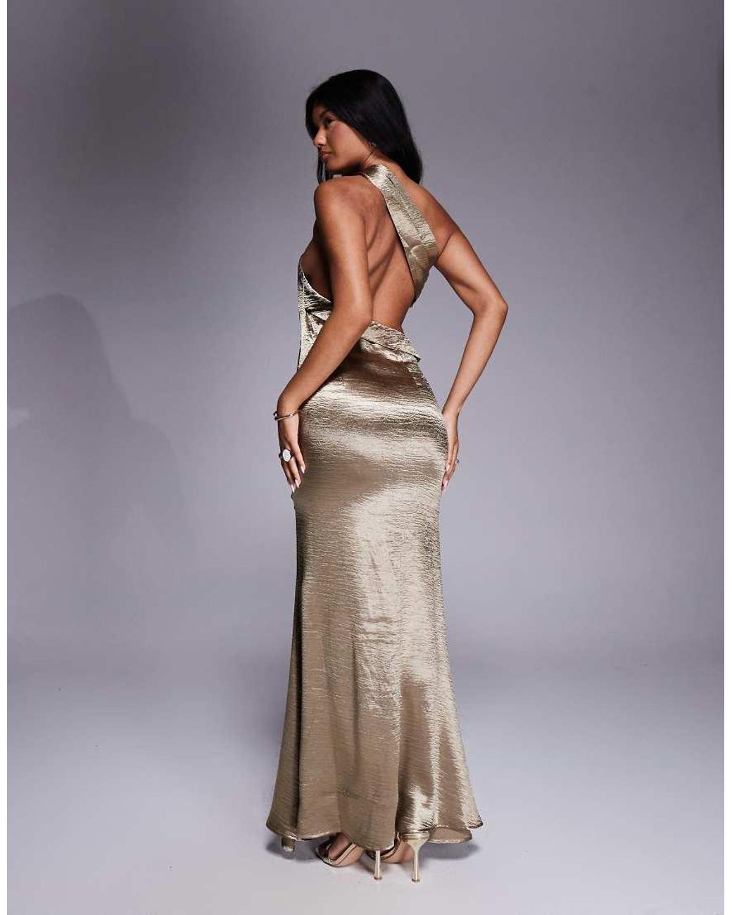 Aria Cove Metallic Hammered Satin One Shoulder Open Back Fishtail Maxi Dress