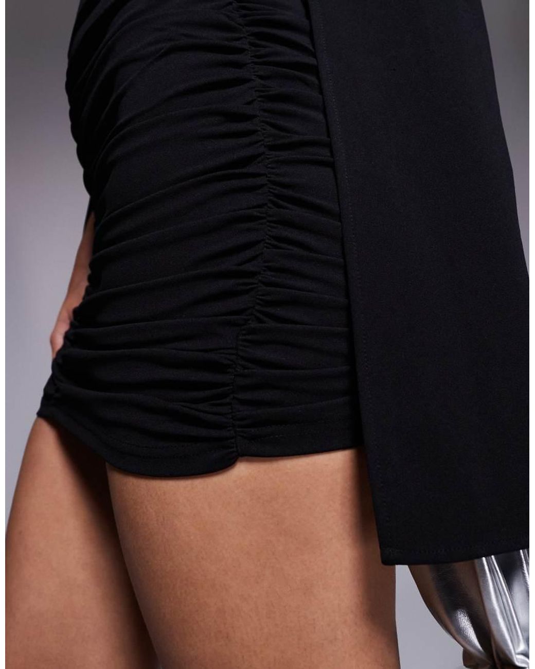 Ruched & Ready Black Crossover High Neck Open Cape Sleeve Mini Dress