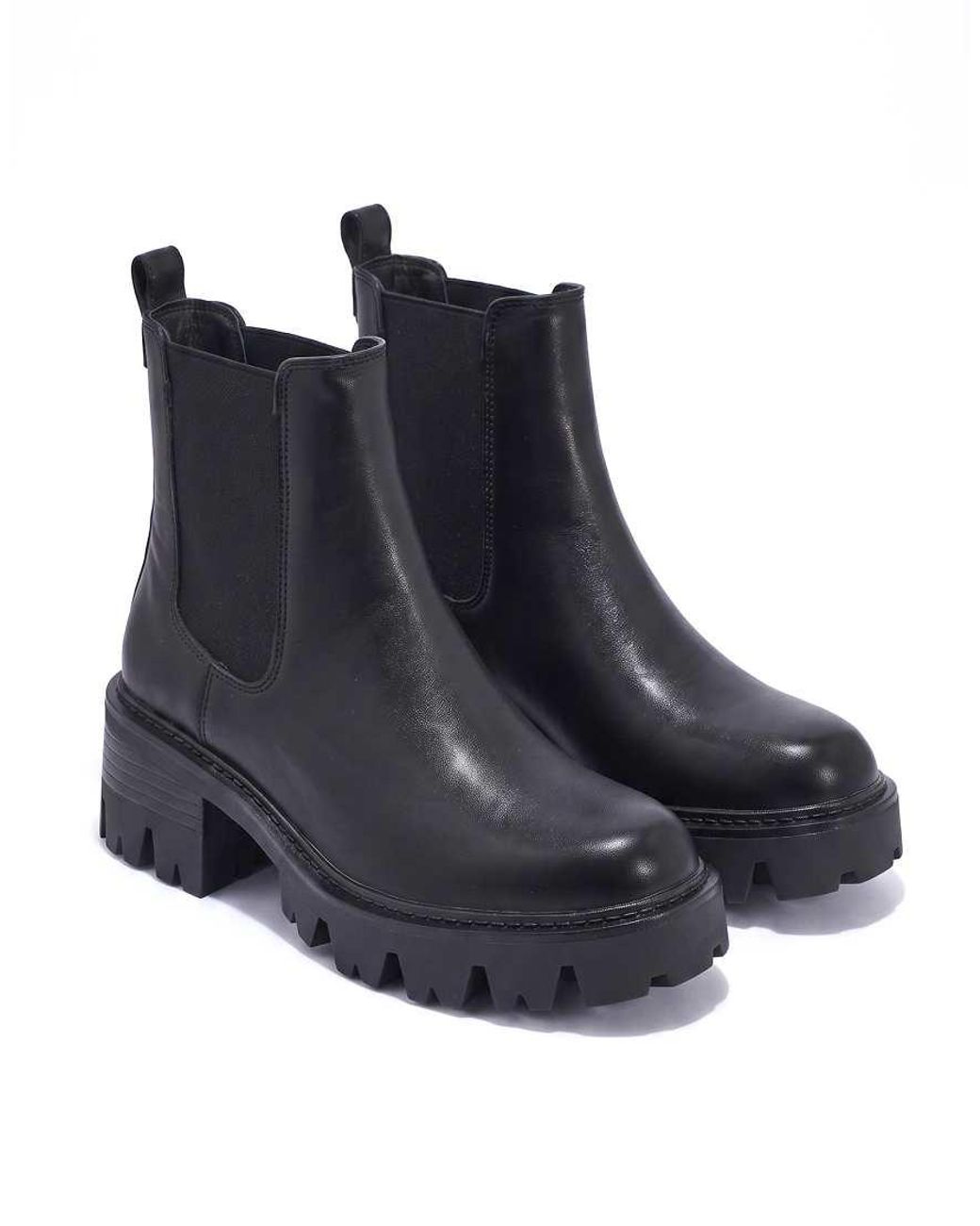 SEQWL Black Chelsea Ankle Boots With Chunky Block Heel Cleated Sole