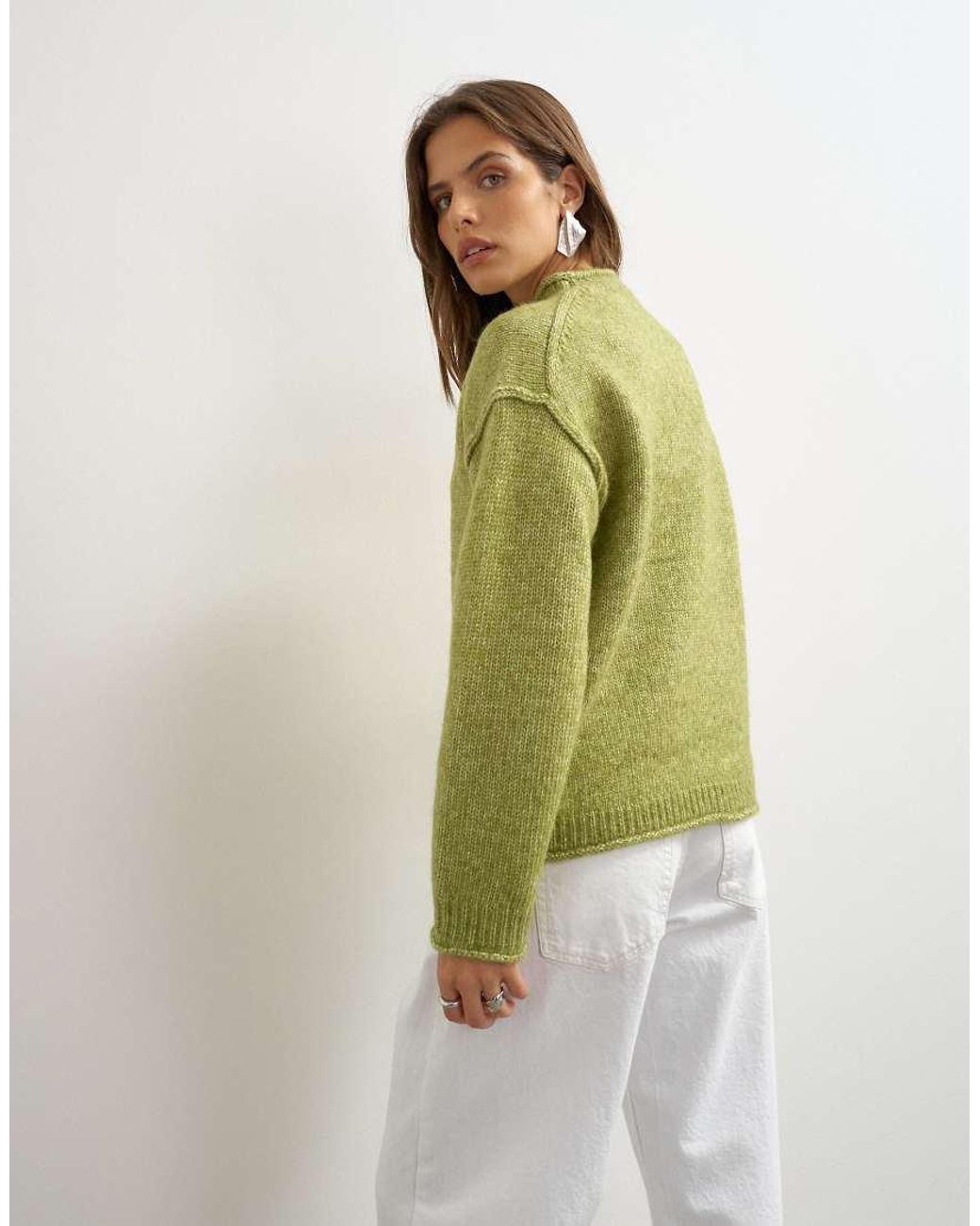 TOPSHOP Green Knitted Wool Blend Roll Edge Chunky Sweater