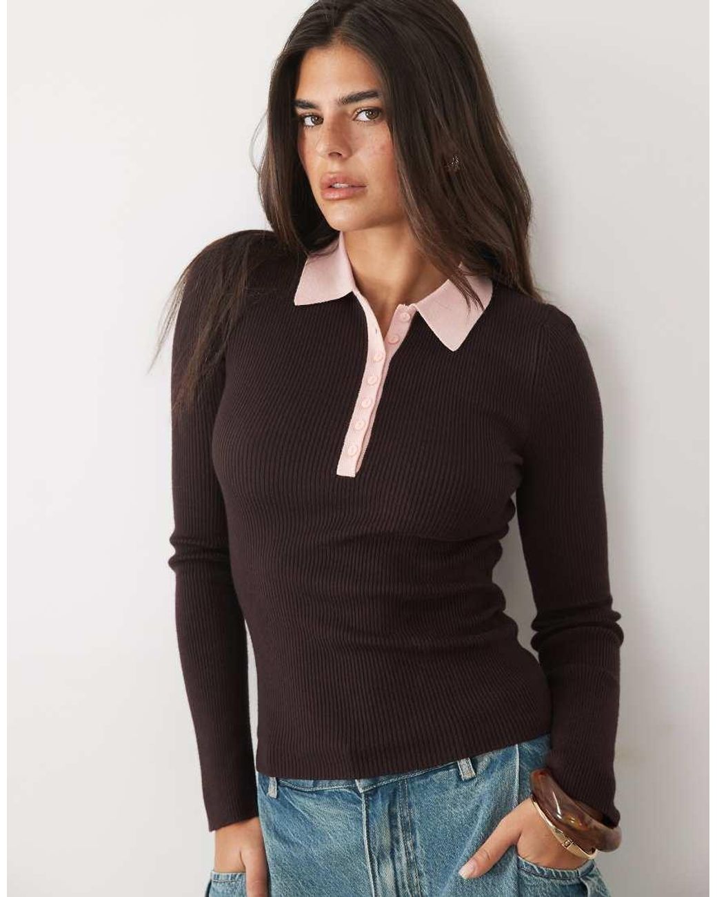 Nobody's Child Blue Fine Rib Knitted Contrast Collar Long Sleeve Top