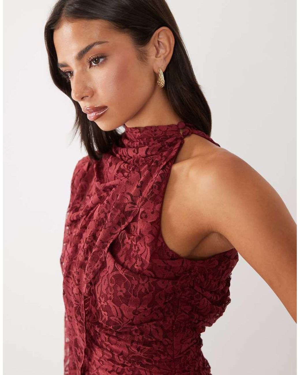 ASOS Red Floral Lace Midi Dress With Asymmetric Cape Sleeve