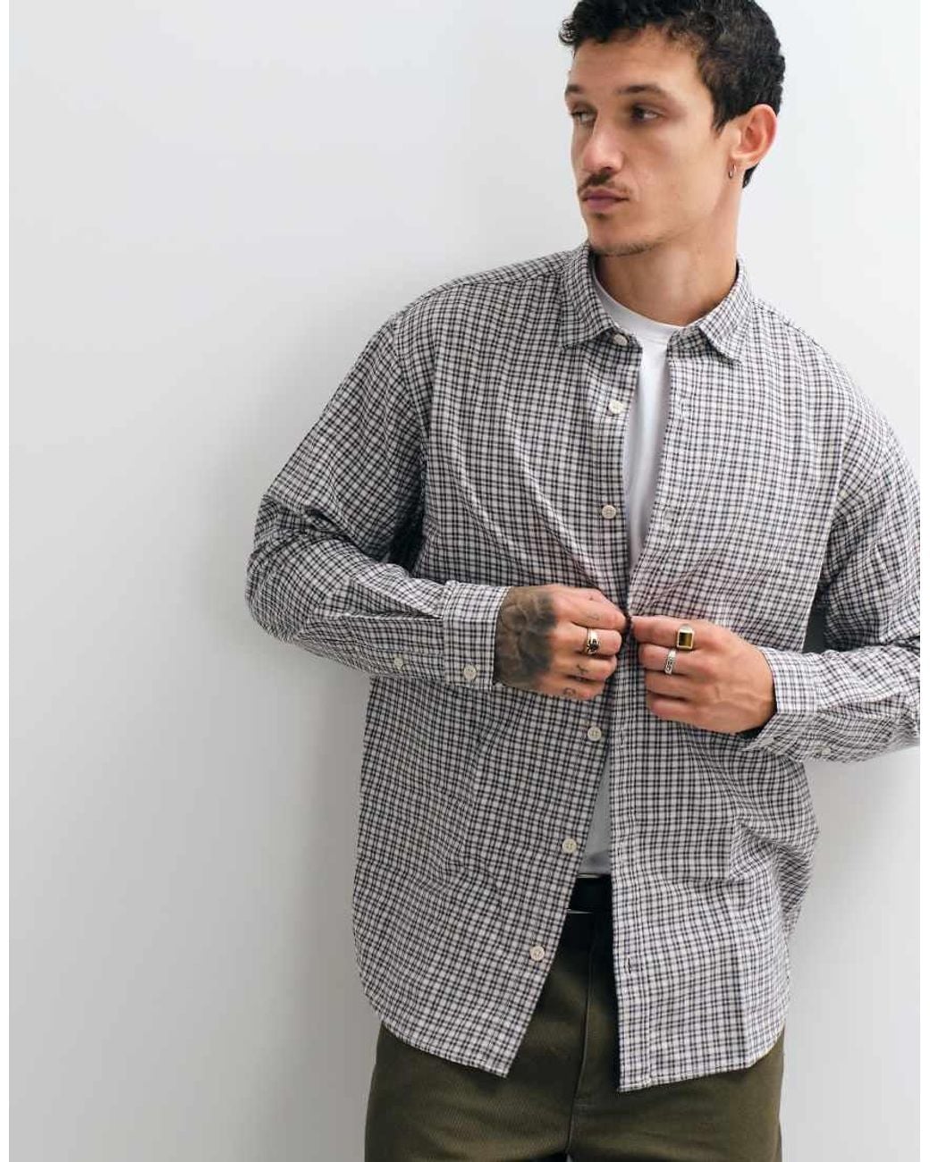 Jack & Jones Gray Micro Check Flannel Shirt for men