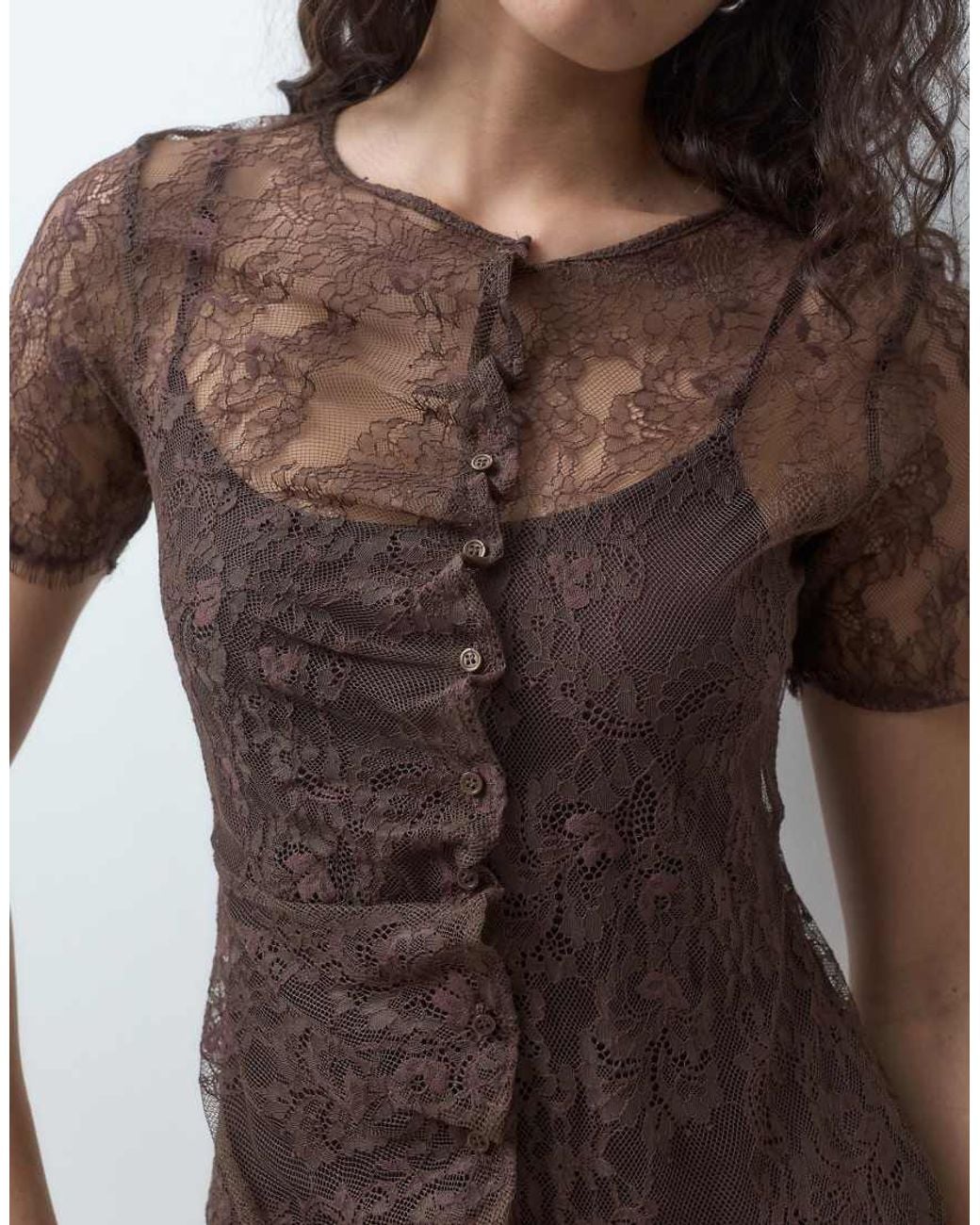 & Other Stories Brown Short Sleeve High Neck Lace Midi Dress