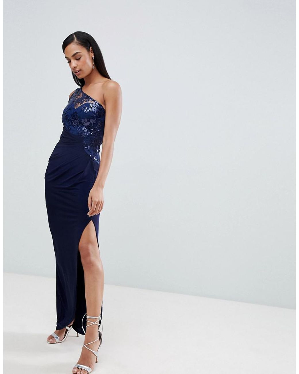 Lipsy One Shoulder Sequin Lace Maxi Dress in Blue | Lyst UK