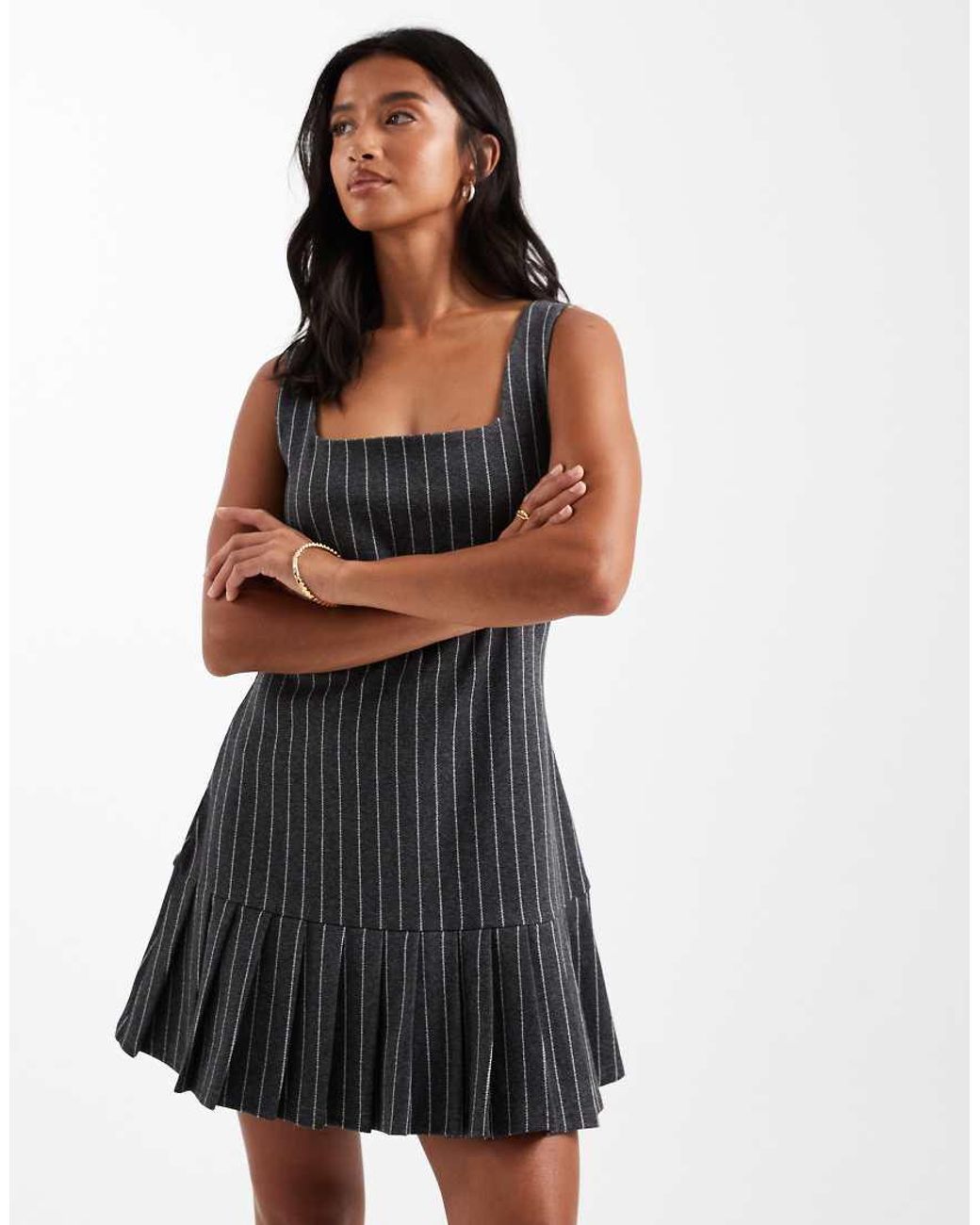Miss Selfridge Black Pinstripe Pinny Dress With Drop Waist Pleated Hem
