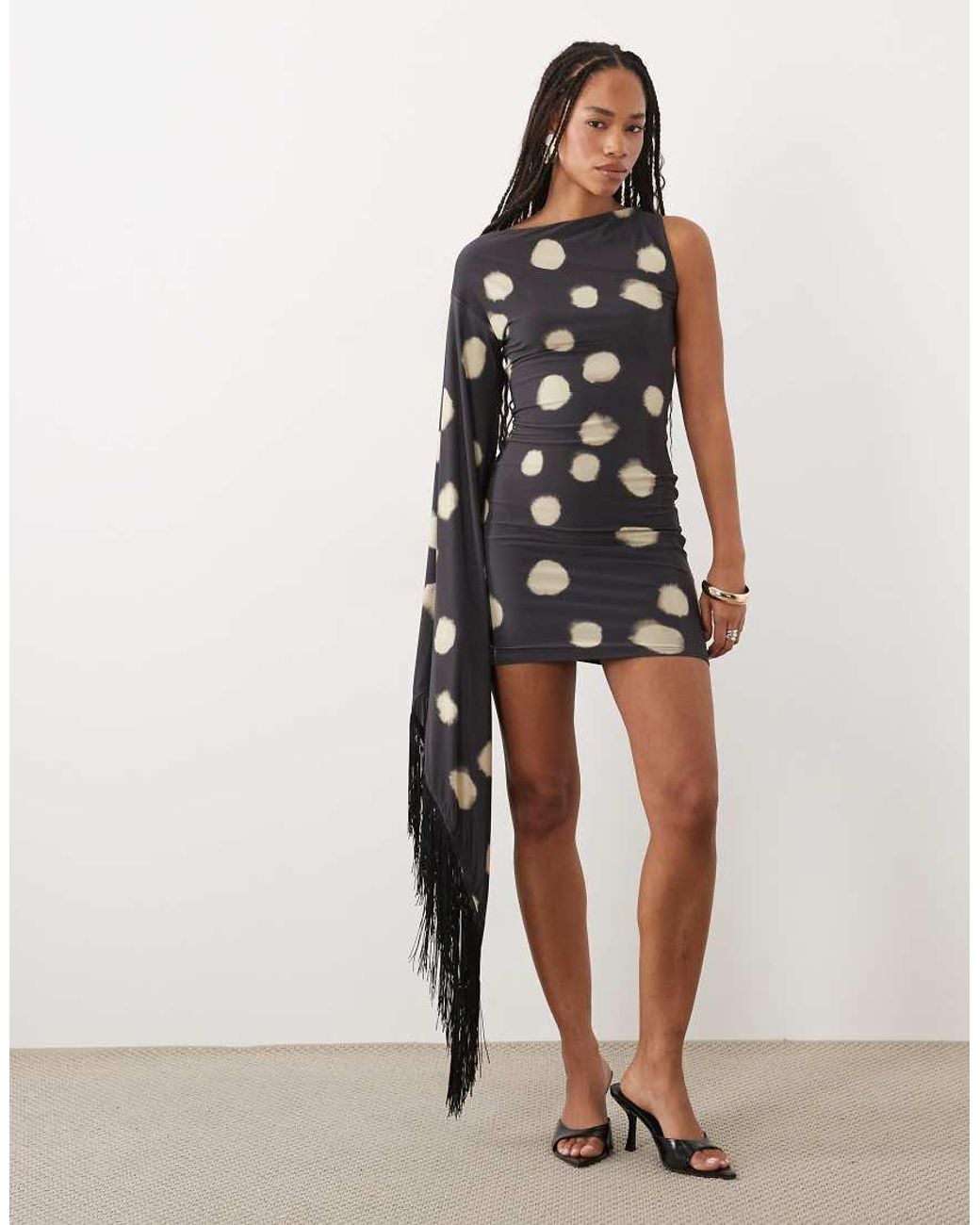ASOS Black Printed Spot Fringe Detail Mini Dress With Batwing Sleeve