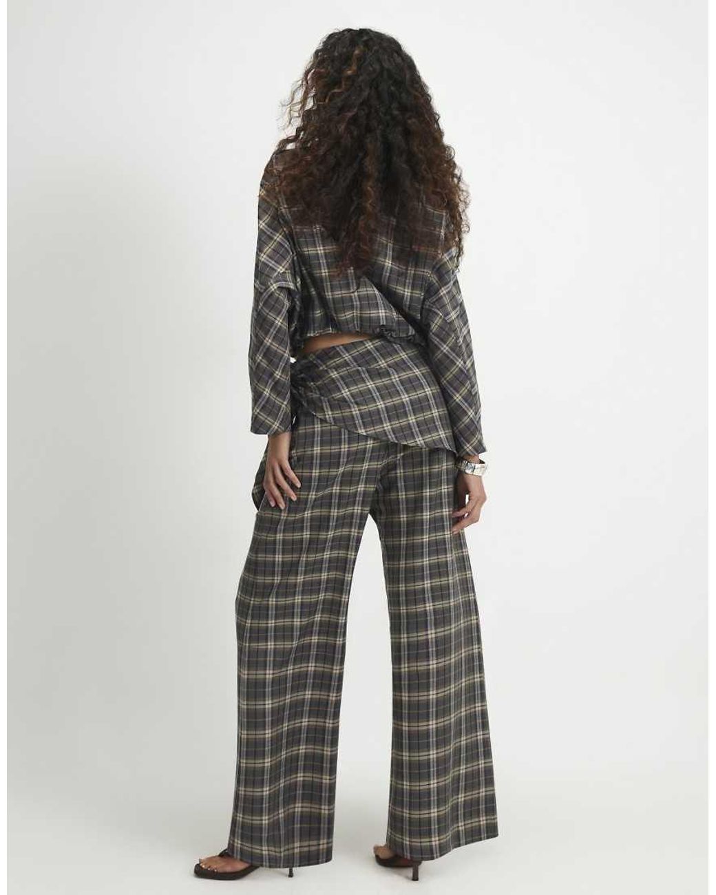 River Island Green Scarf Detail Check Wide Leg Trousers