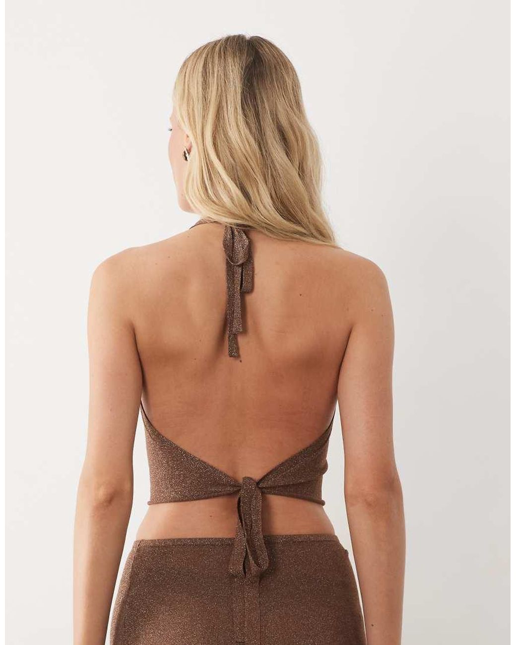 Miss Selfridge Brown Glitter Knit Halterneck Top