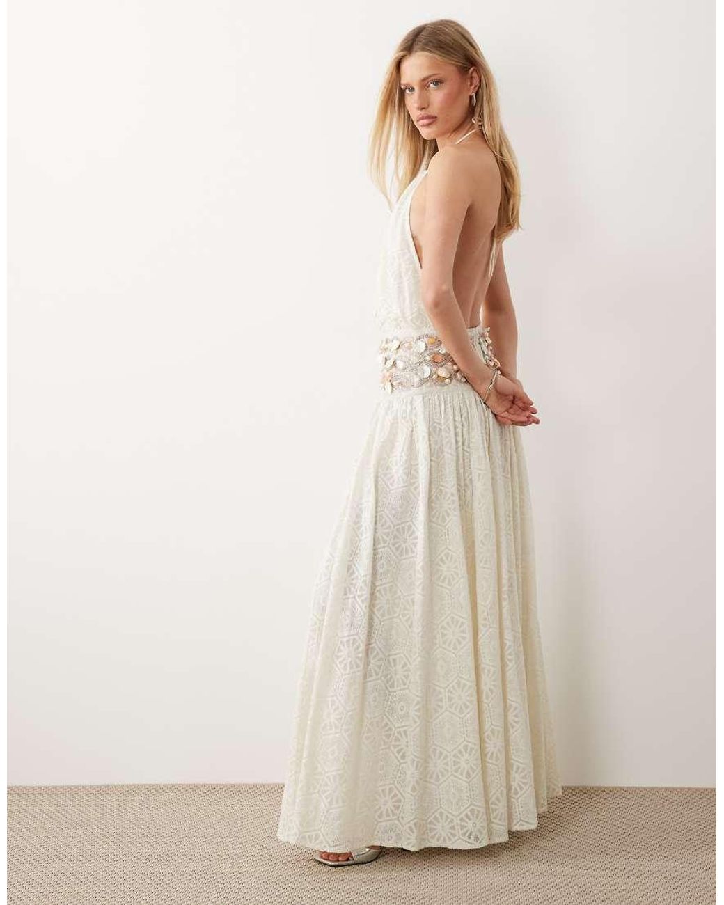 ASOS Natural Crochet Maxi Dress With Embellished Waist Detail