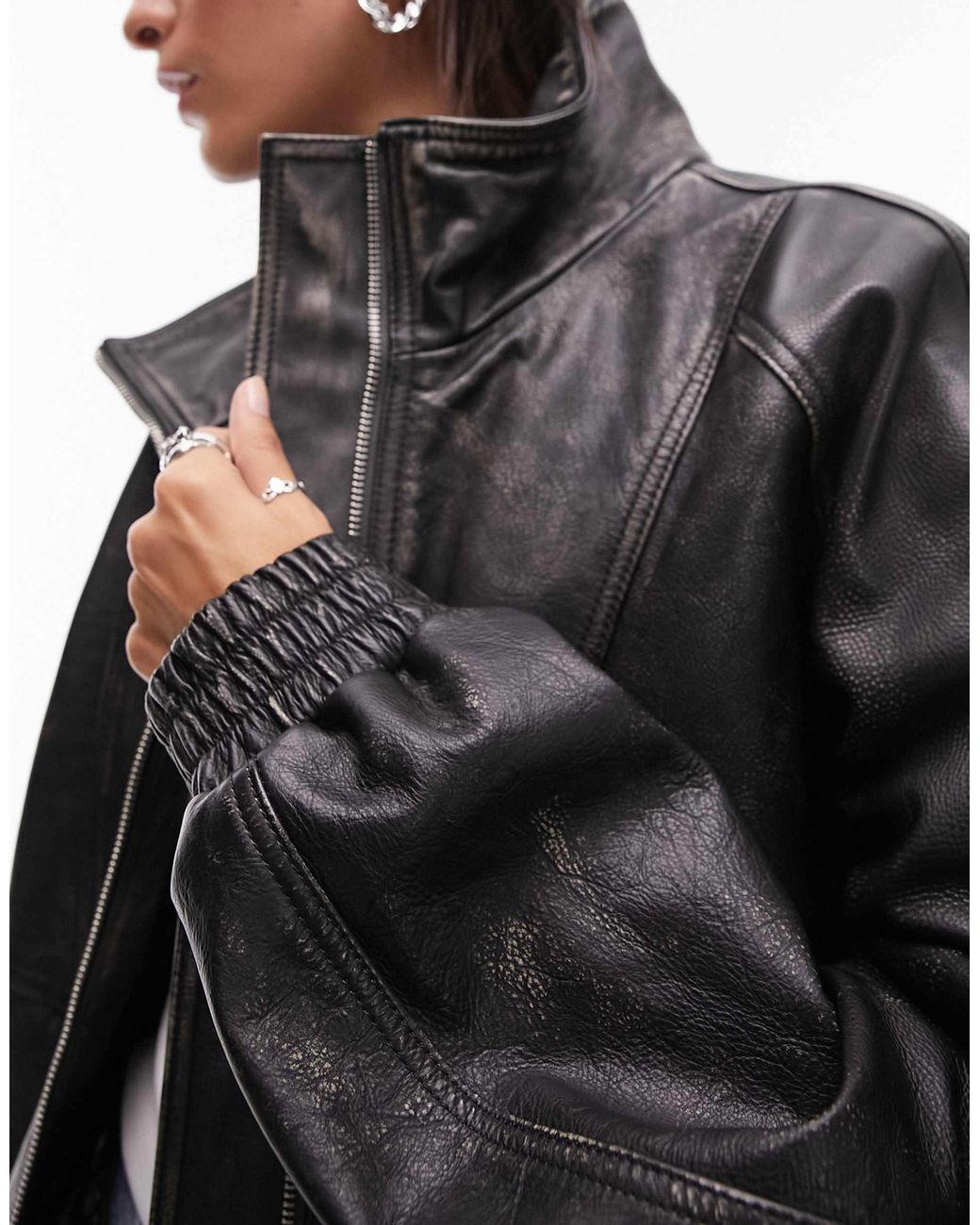 80s stand collar real leather blouson N|