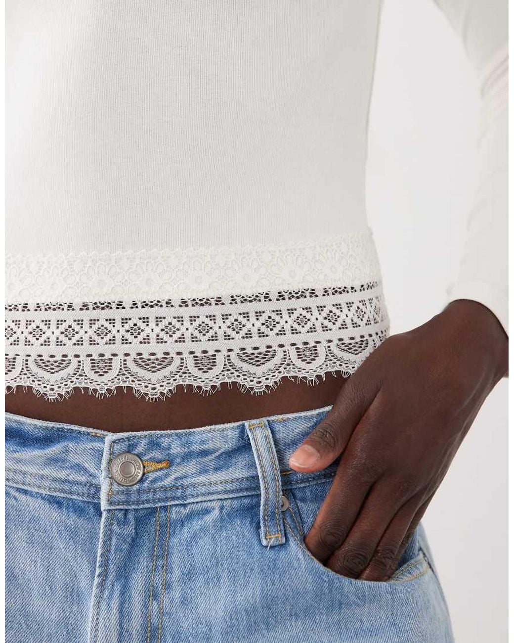 Miss Selfridge White Lace Trim Crew Neck Top