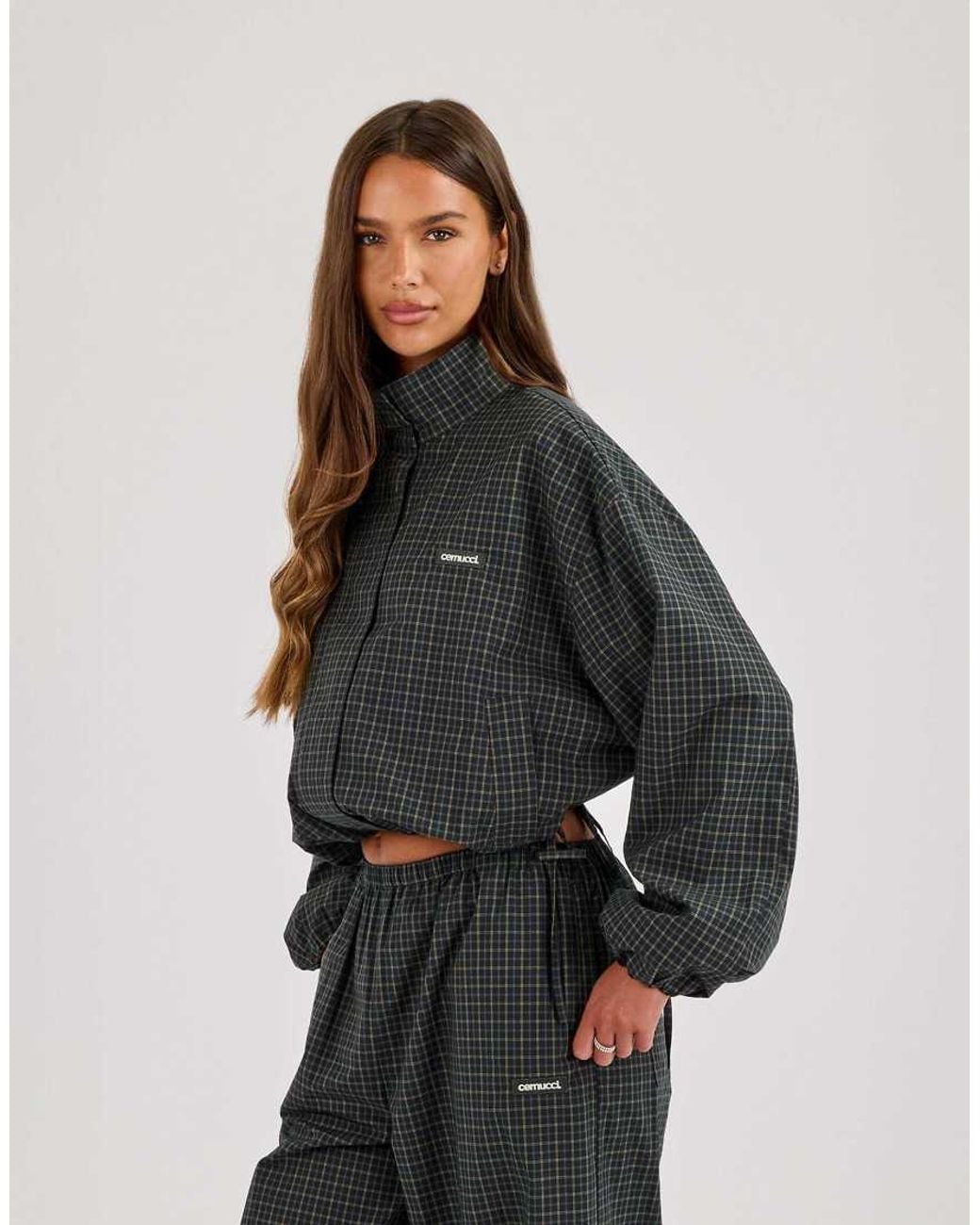 CERNUCCI Black Check Twill Funnel Neck Jacket