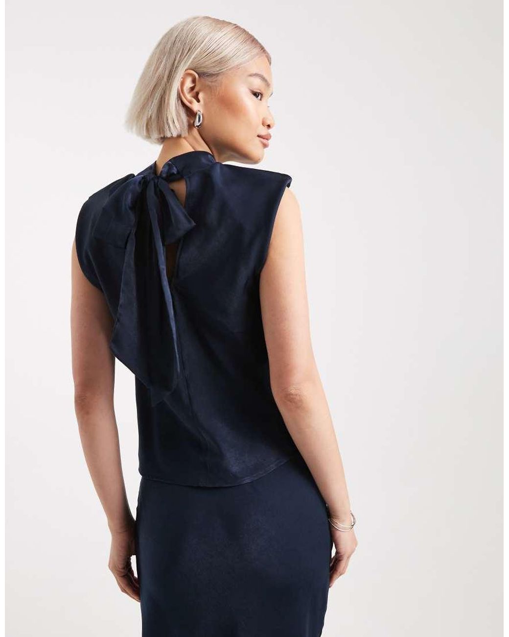ASOS Blue Satin Tie Neck Detail Co-ord Top