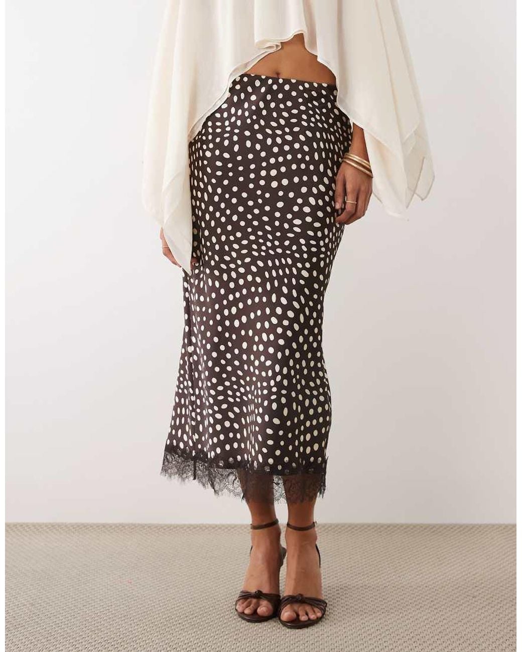 New Look Natural Lace Trim Abstract Polka Dot Midi Skirt