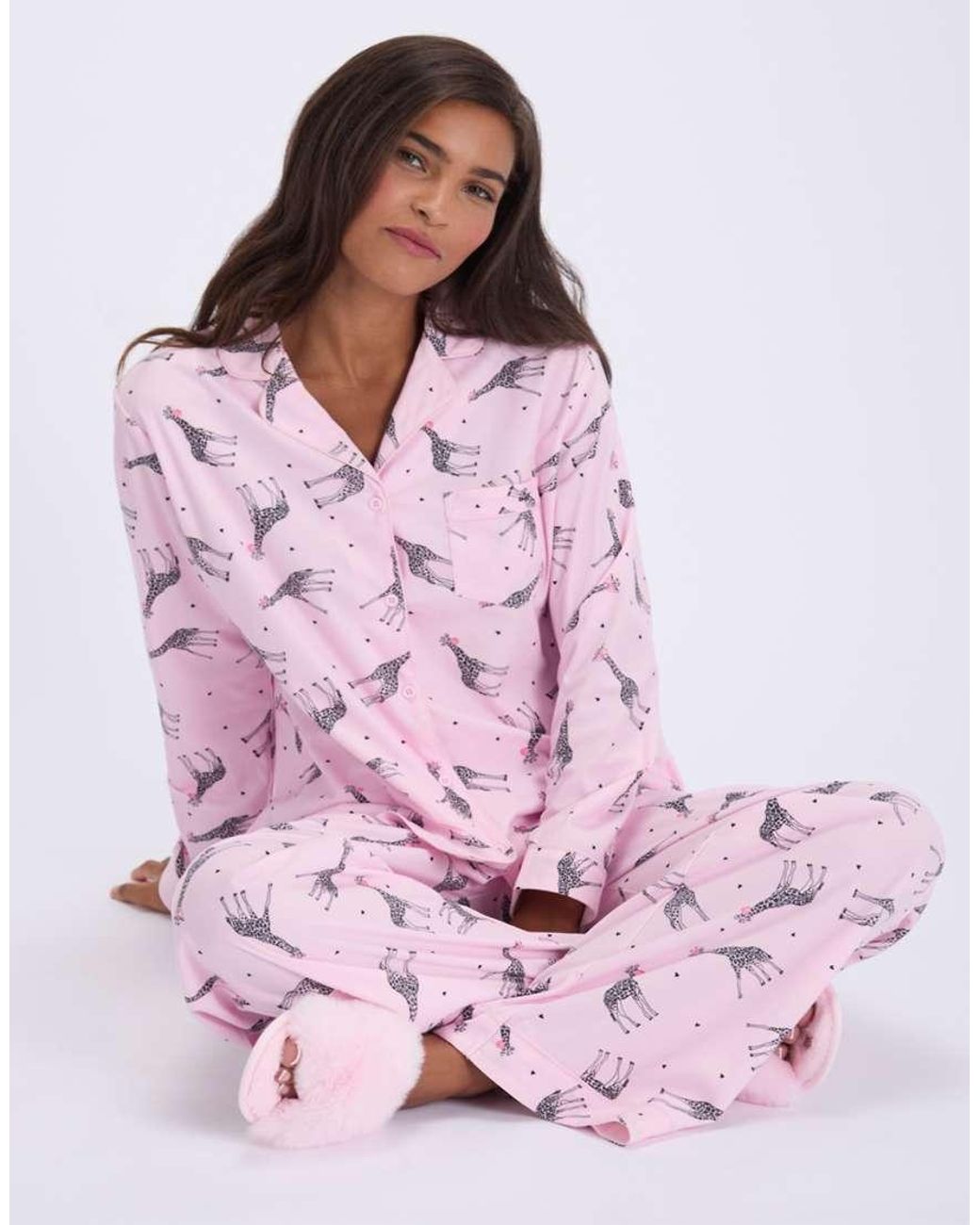 Boux Avenue Pink Bubblegum Giraffe Pyjama Set With Bag Fleece Nightwear Pj