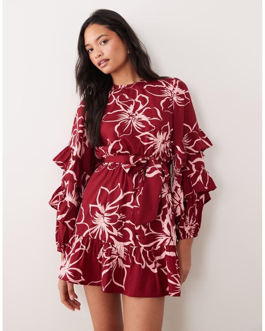 Wednesday's Girl Red Tie Waist Long Sleeve Mini Dress
