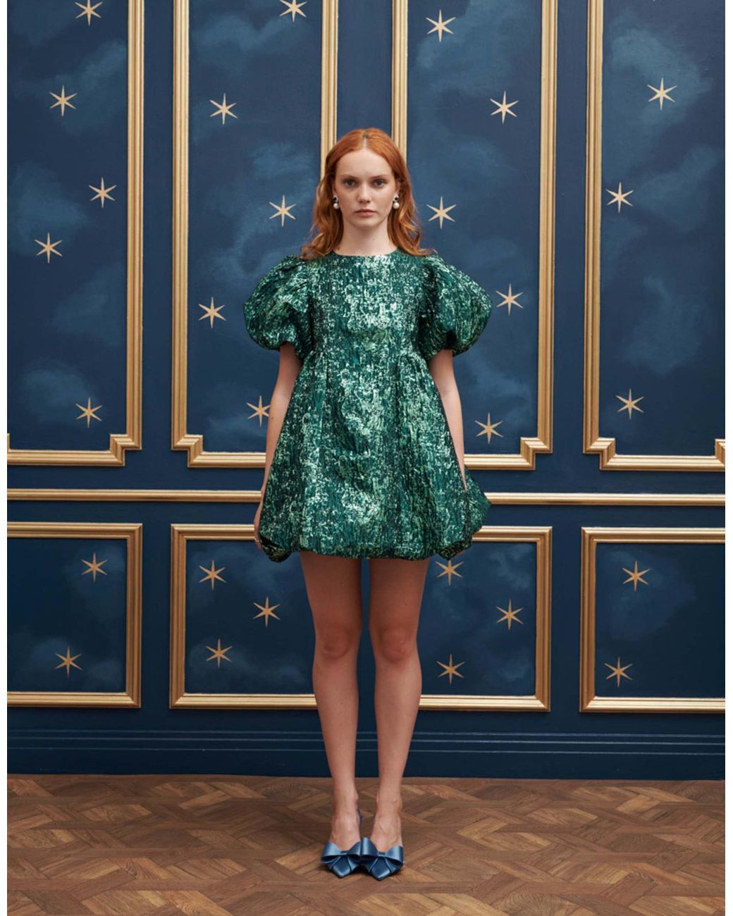 Sister Jane Puff Sleeve Mini Jacquard Dress in Green | Lyst