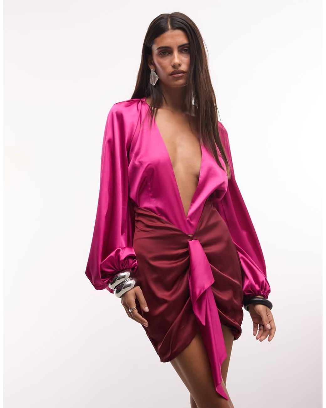 The Dolls House Pink Beaudelle Premium Satin Deep Plunge Neck Balloon Sleeve Ruched Mini Dress
