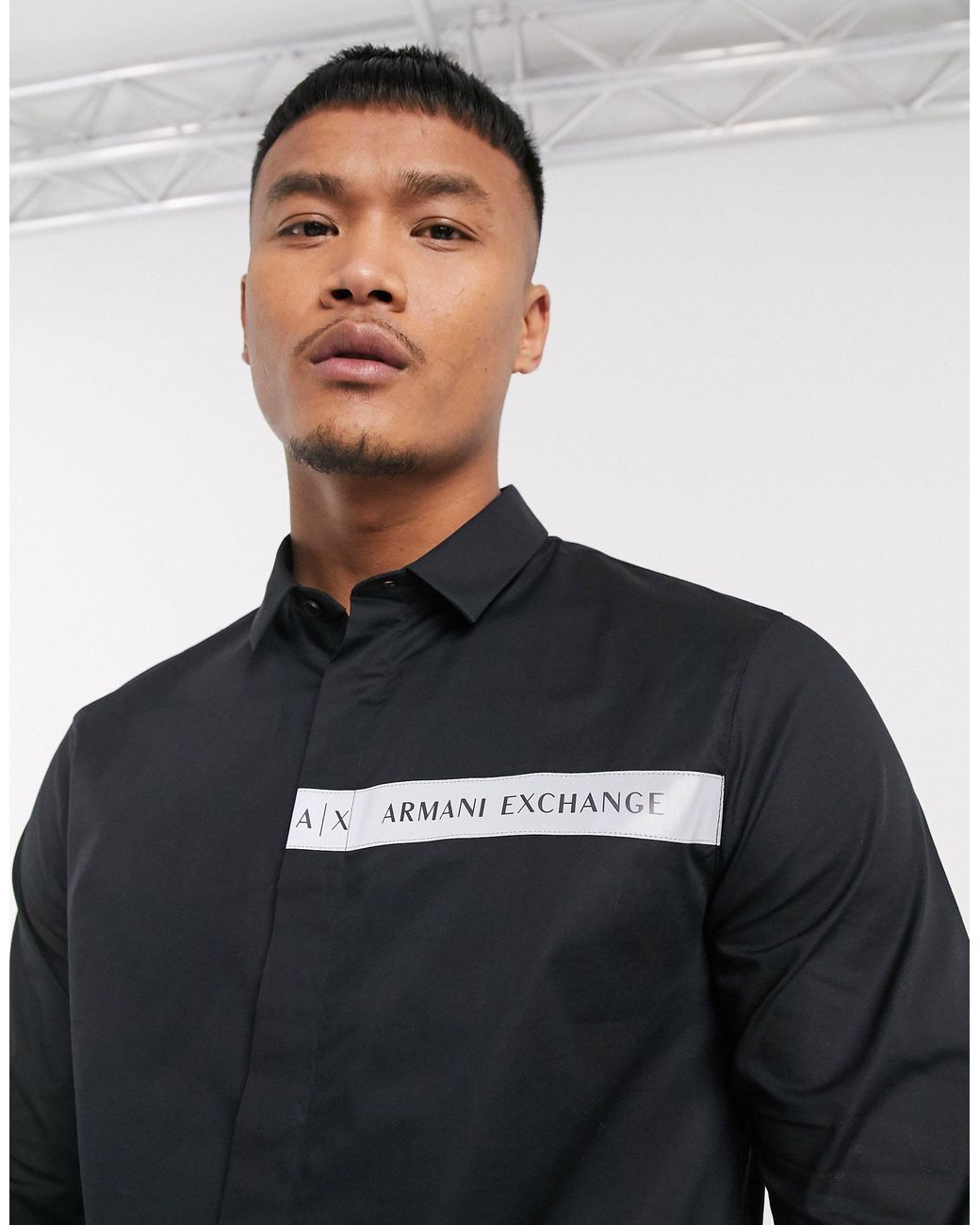 Armani Exchange Contrast Logo Long Sleeve Shirt in Black for Men | Lyst