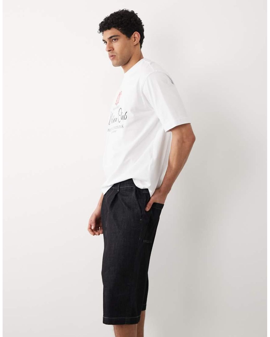 Jack & Jones White Pleated Denim Shorts for men