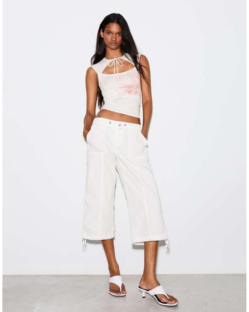 Bershka Natural Printed Top With Split