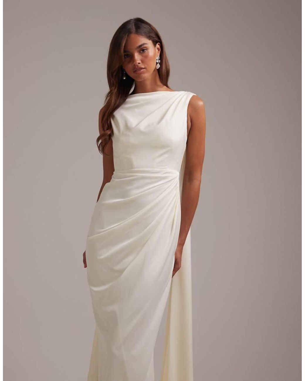 ASOS Natural Slash Neck Wedding Dress With Draped Back And Scarf Detail