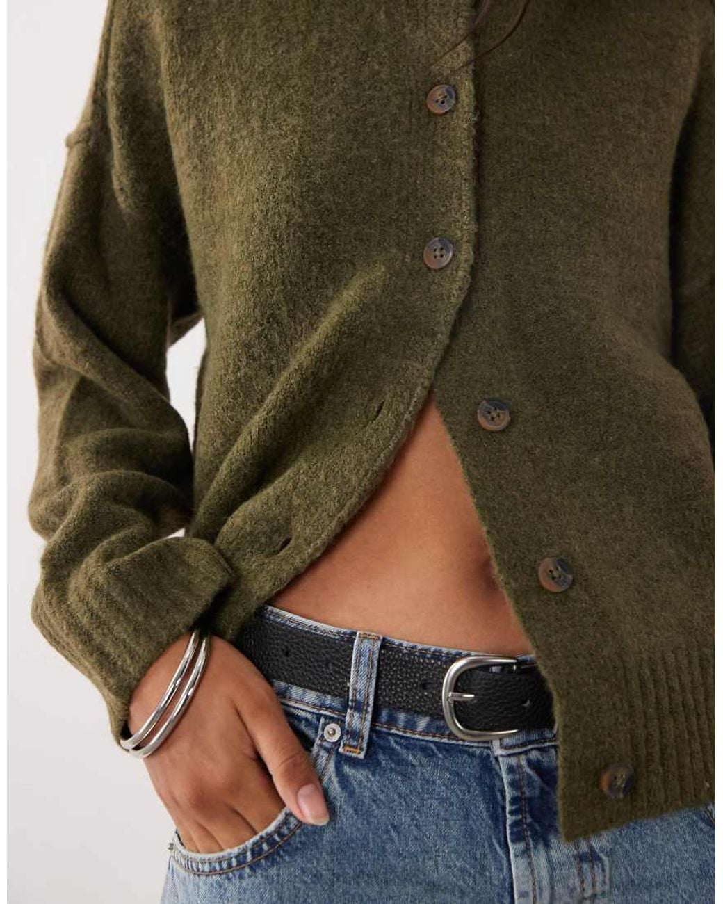 Brave Soul Green Crew Neck Cardigan With Exposed Seam Detail