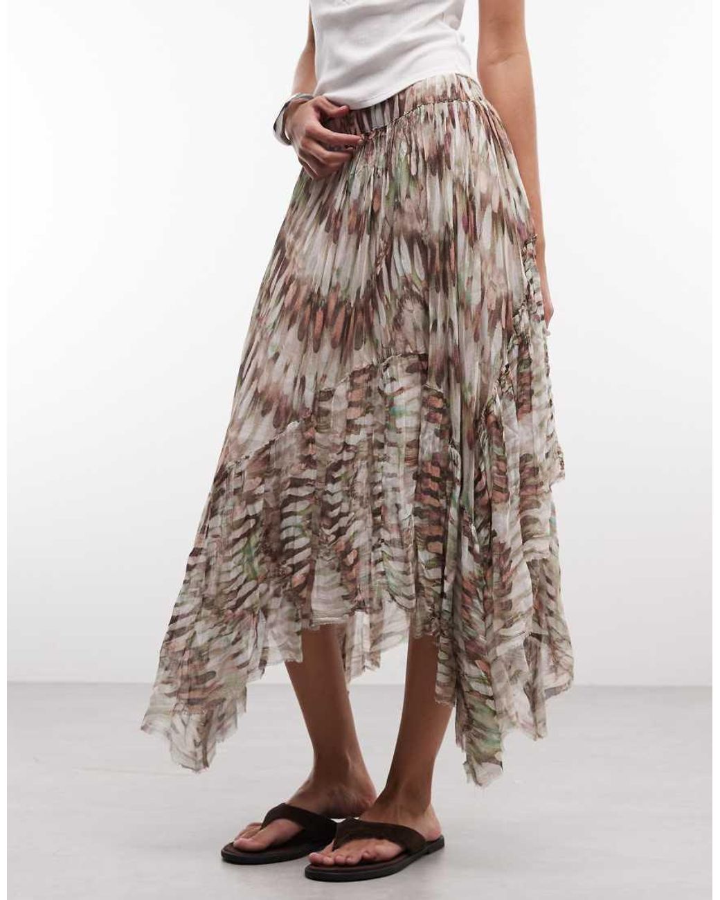 AllSaints Multicolor Danae Distressed Ruffle Printed Midi Skirt