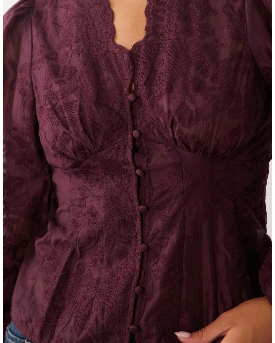 Gina Tricot Purple V Neck Embroide Blouse