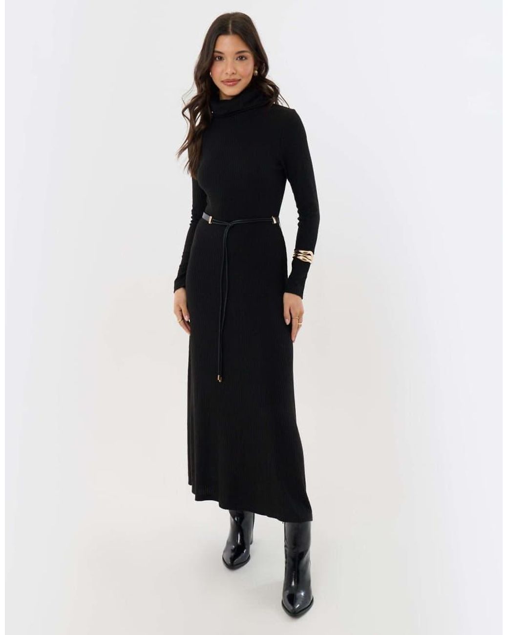 Threadbare Blue Petite Ribbed Roll Neck Maxi Dress With Belt