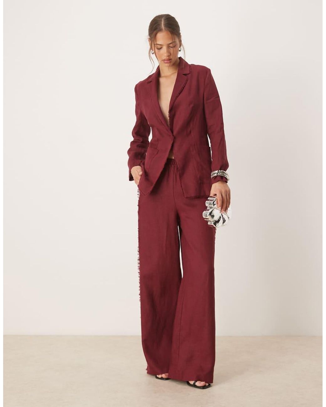 Mango Red Co-ord 100% Linen Frayed Edge Fitted Blazer