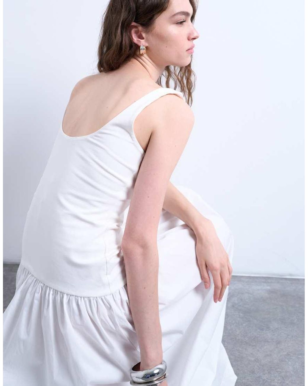 TOPSHOP White Poplin Mix Scoop Neck Maxi Dress