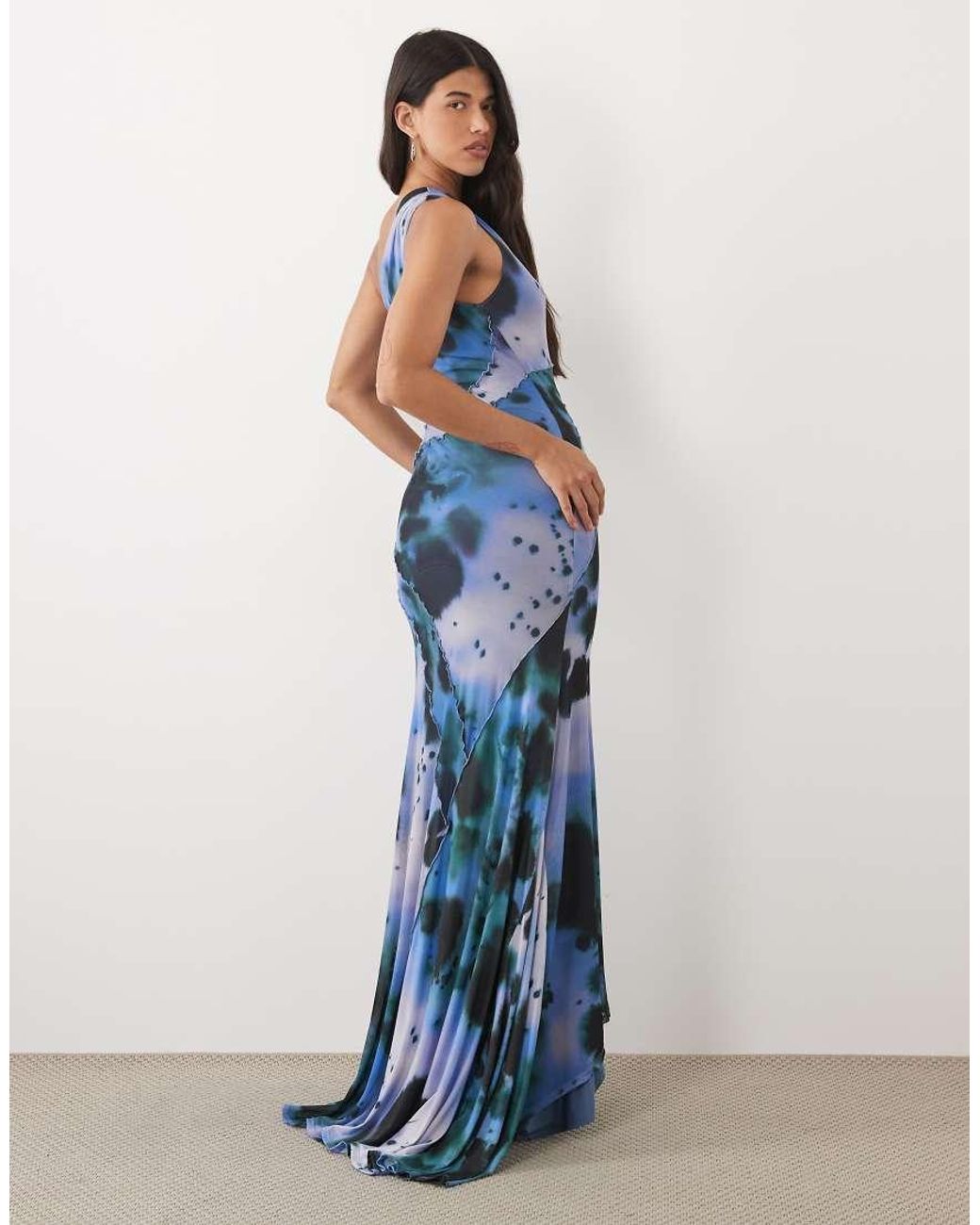 ASOS Blue Mesh One Shoulder Exposed Seams Maxi Dress With Full Hem