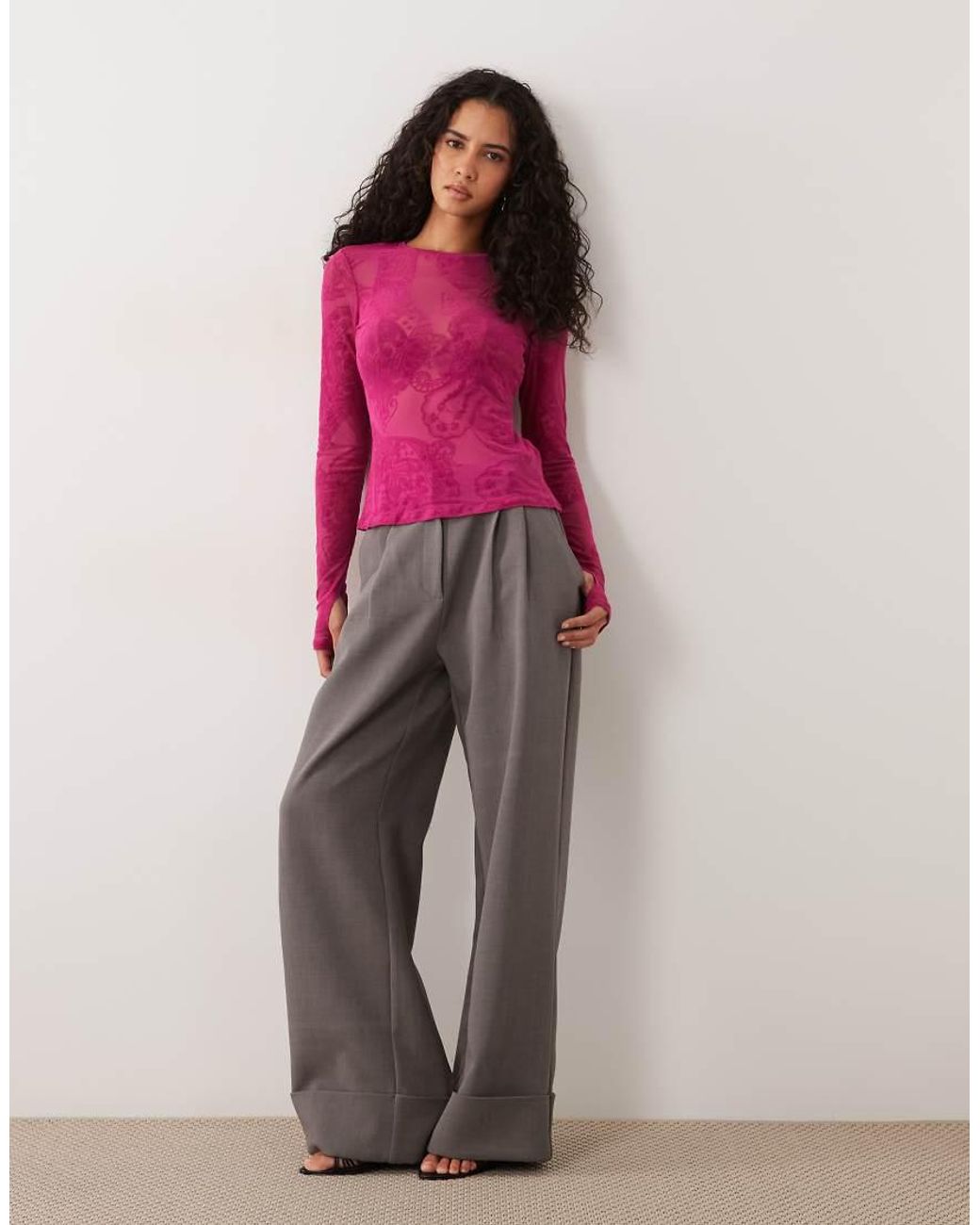 AFRM Red Kaylee Velvet Flocked Mesh Crew Neck Long Sleeve Tee