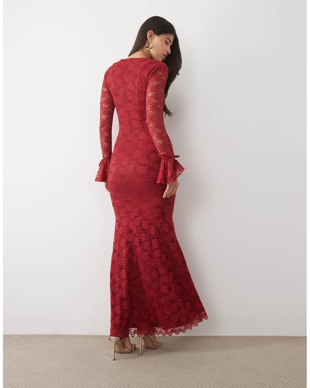 Wanderdoll Red Juliette Lace Square Neck Flare Sleeve Maxi Dress