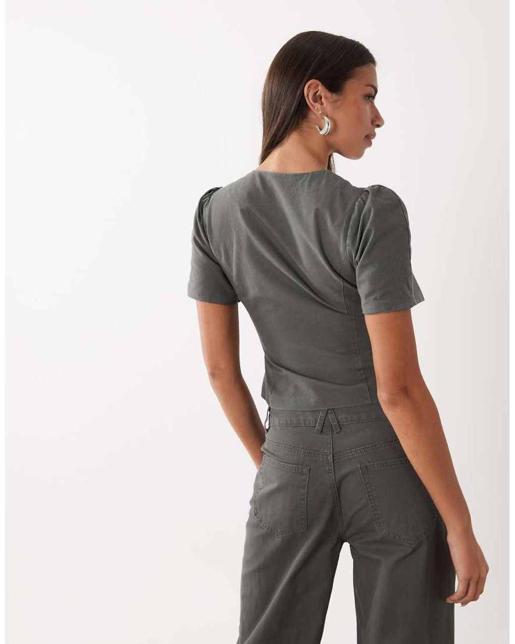 Lioness Gray Femme Cotton Puff Sleeve Button Up Blouse