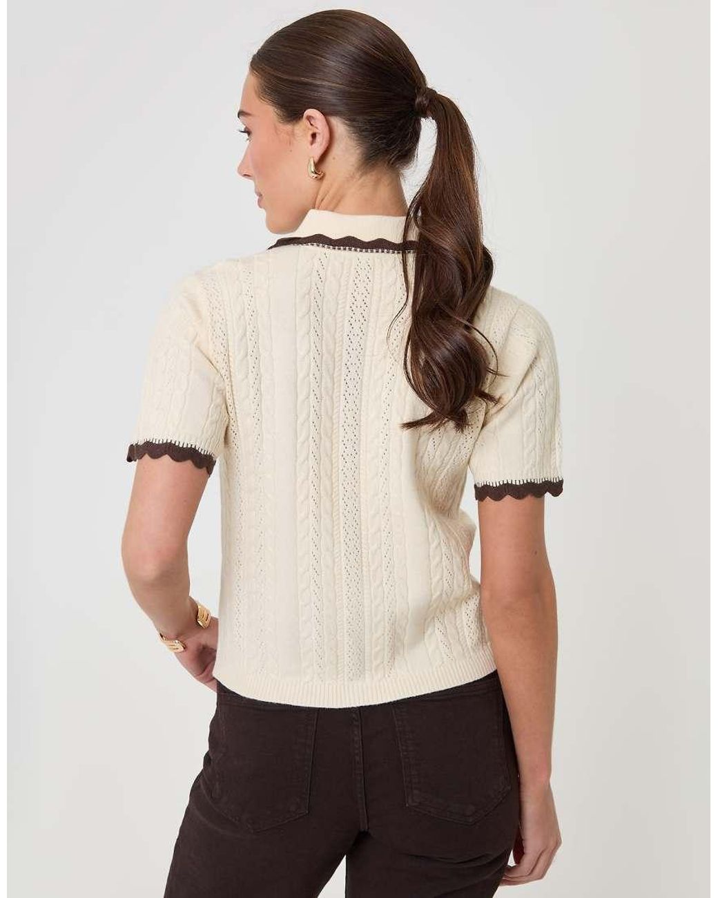 Threadbare Natural Cable Knit Scallop Trim Polo
