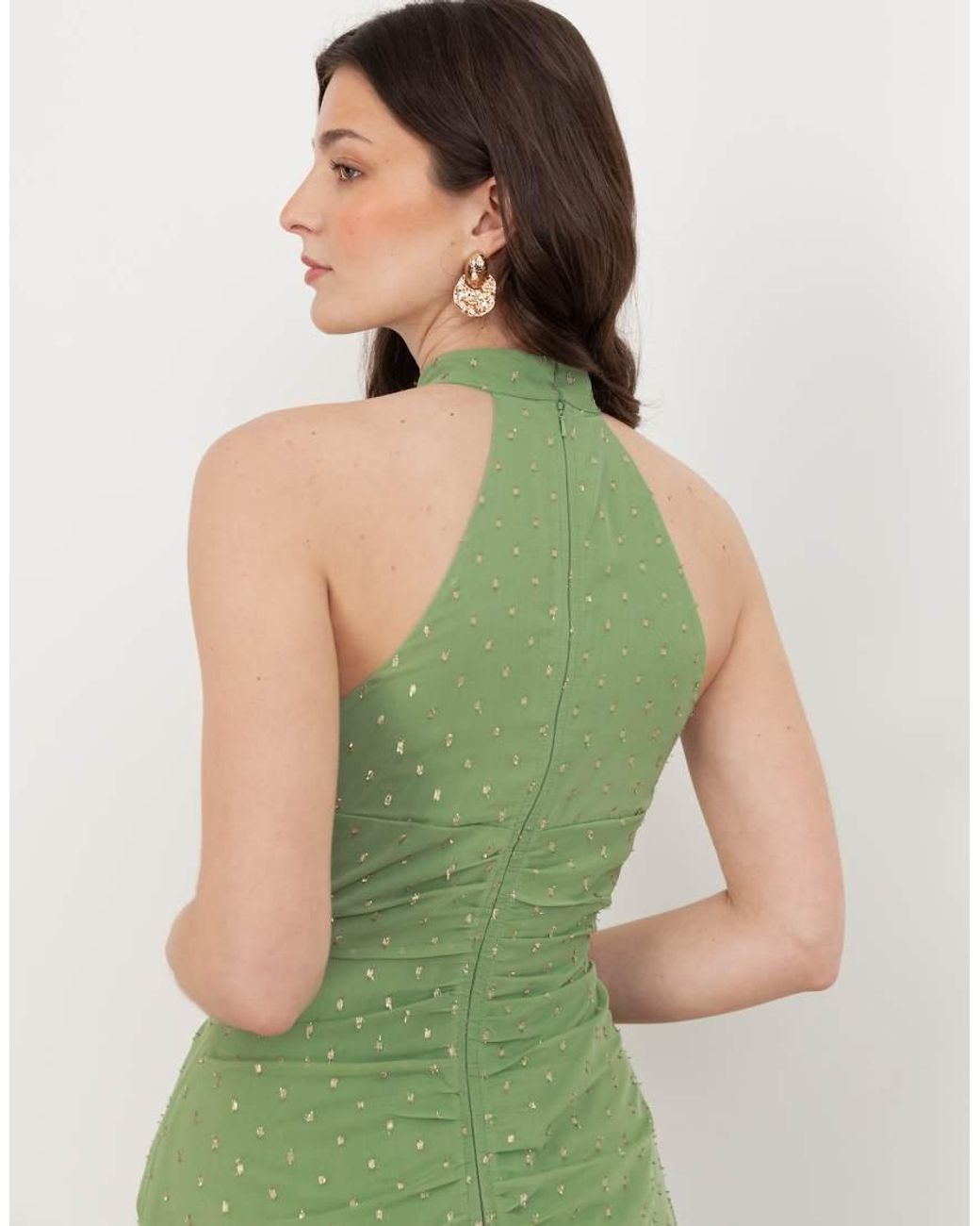ANAYA Green Halter Neck Waterfall Ruffle Maxi Dress