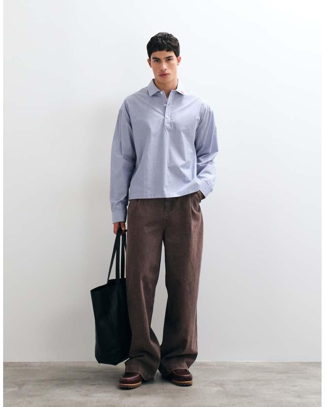 ASOS White Boxy Overhead Stripe Shirt With Collar Embroidery for men