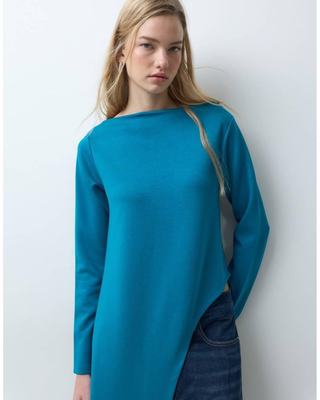 ASOS Blue Long Sleeve With Aysm Side Split Top