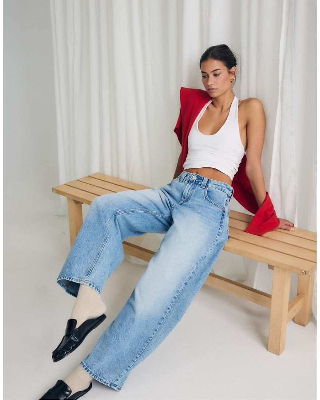 Stradivarius White Leather-Effect Mule Loafers