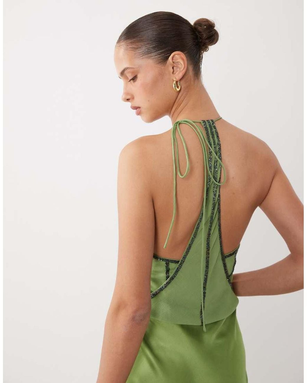 Miss Selfridge Green Embellished Satin Halter Midi Dress