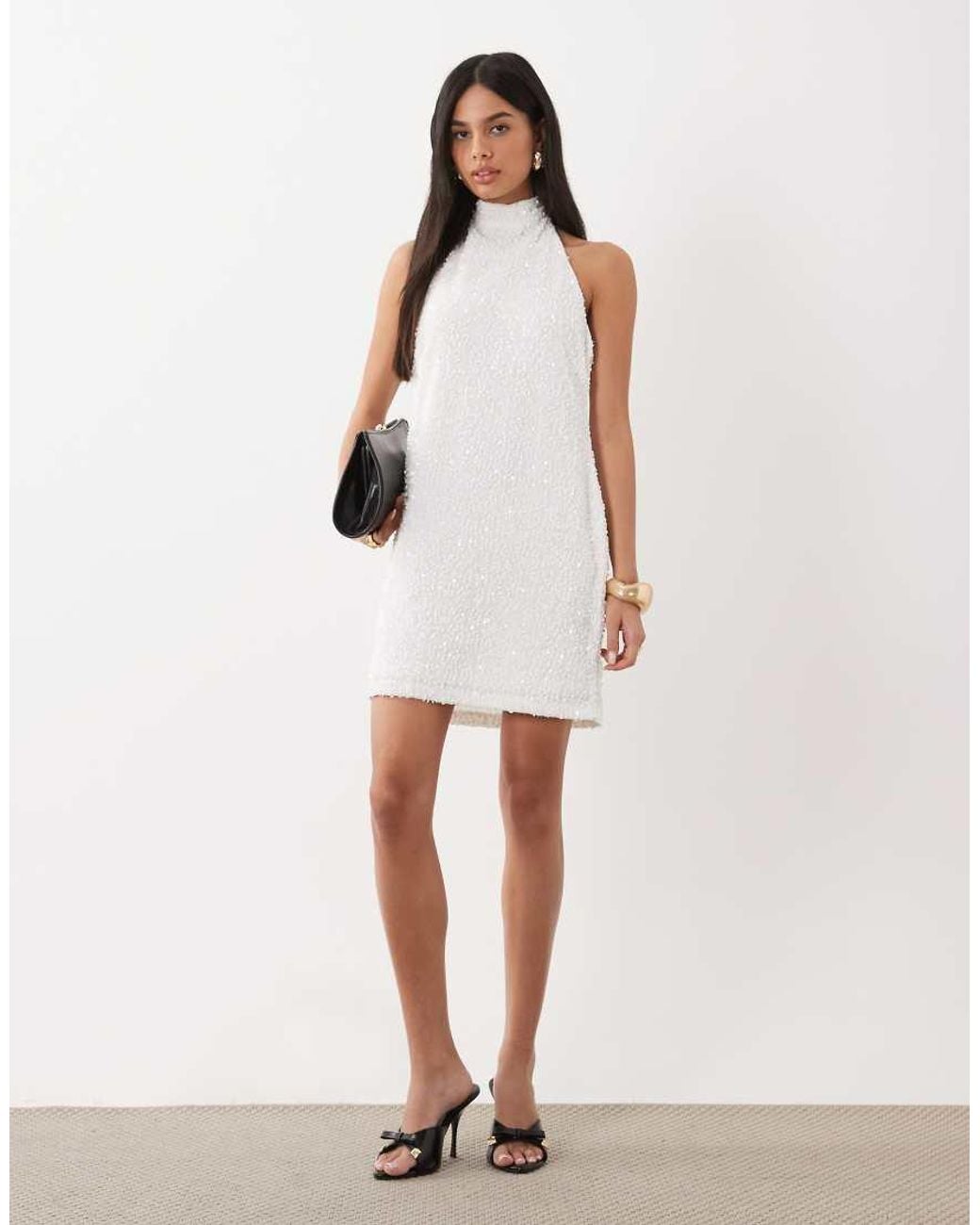 Threadbare White Sequin High Neck Mini Dress With Velvet Bow Detail