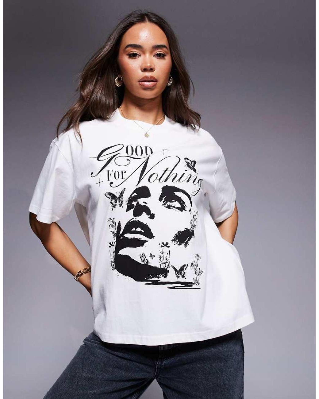 Good For Nothing Gray Graphic Print Oversized T-Shirt
