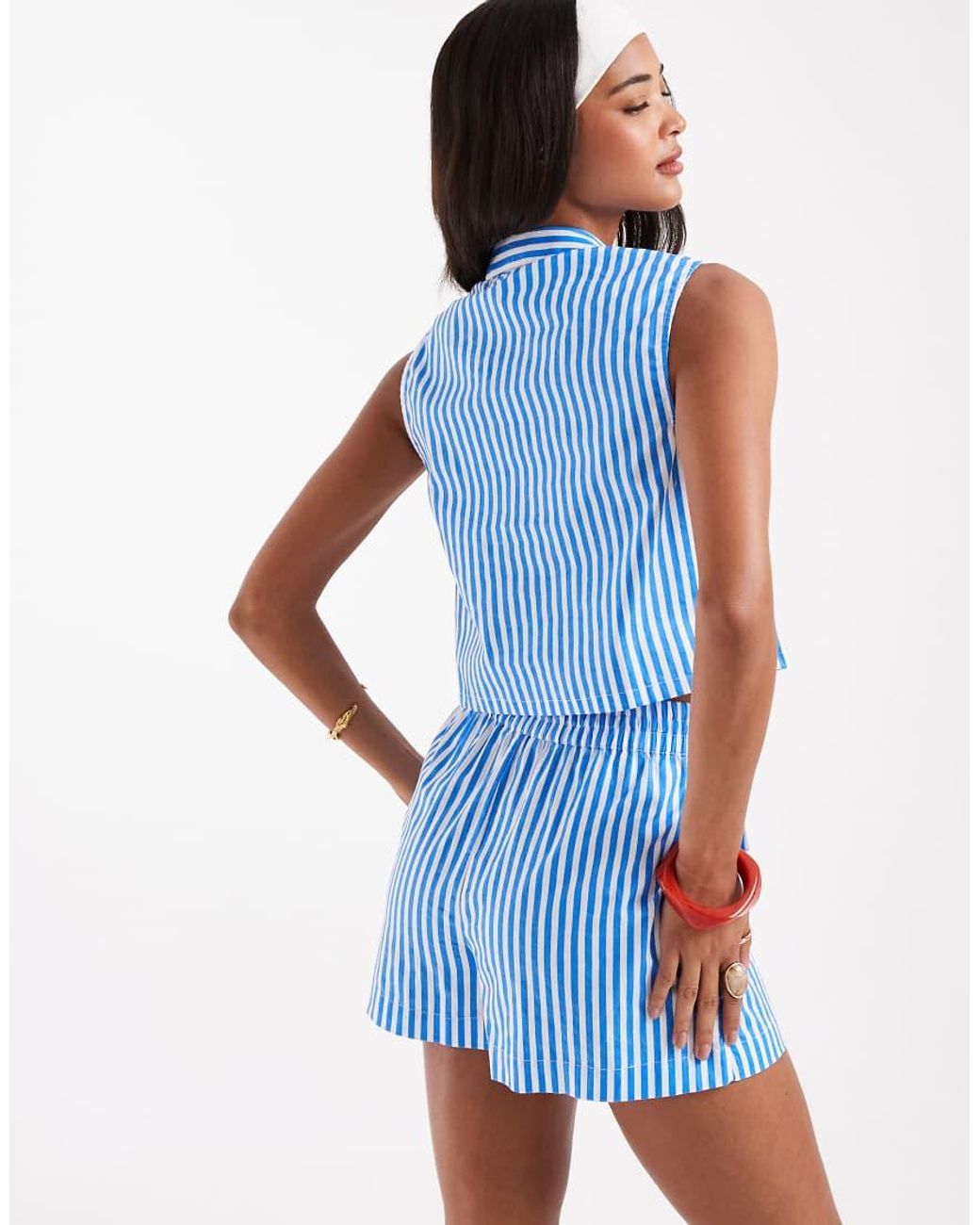 New Look Blue Co-ord Stripe Cropped Sleeveless Shirt