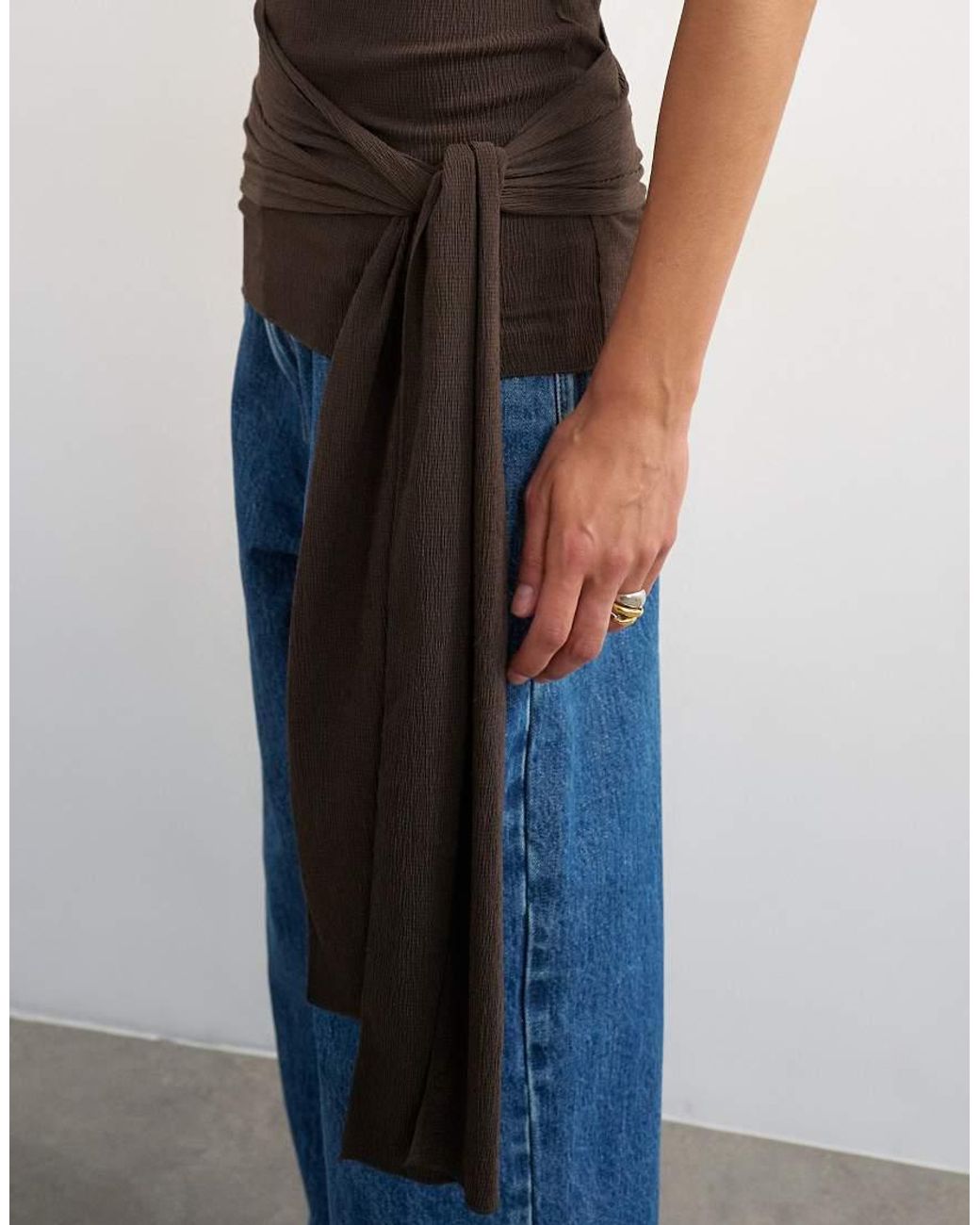 TOPSHOP Blue High Neck Top With Tie Detail
